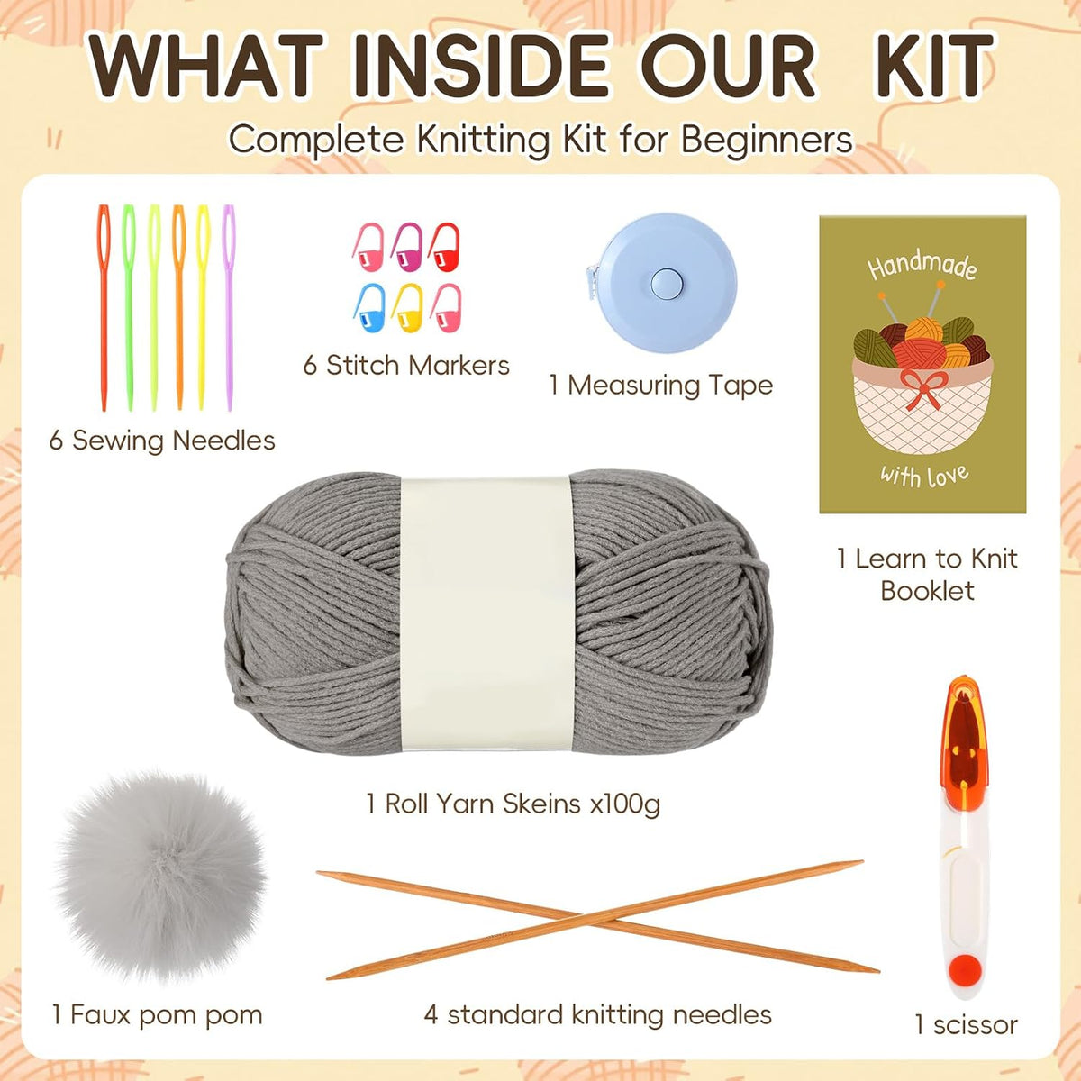 GliCraft Hat Knitting Kit for Beginners with Yarn Needles Pom,Warm