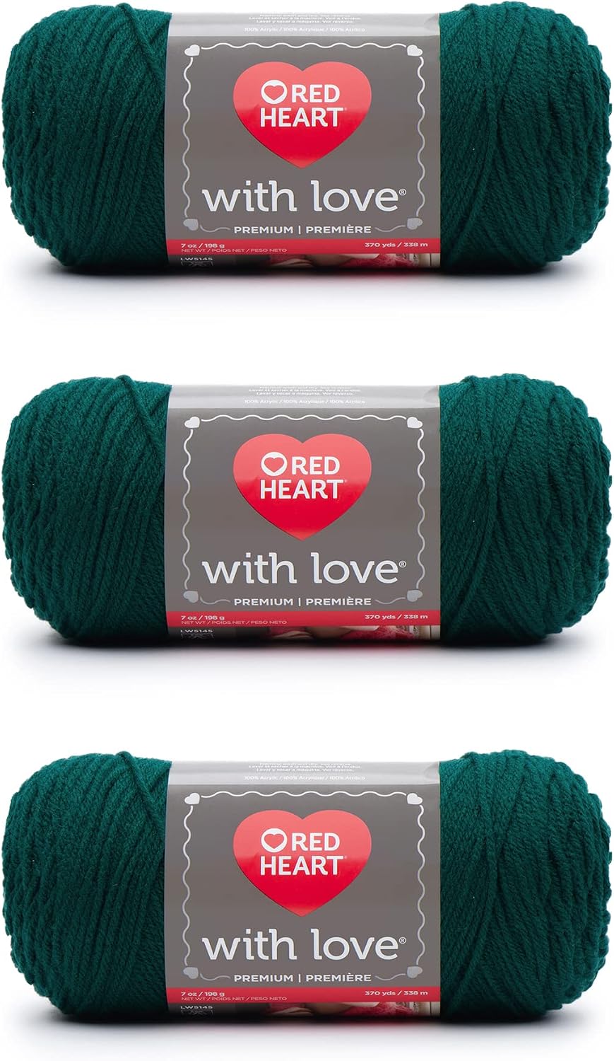 Red Heart with Love Acrylic Yarn for Crocheting, Evergreen, 3-Pack