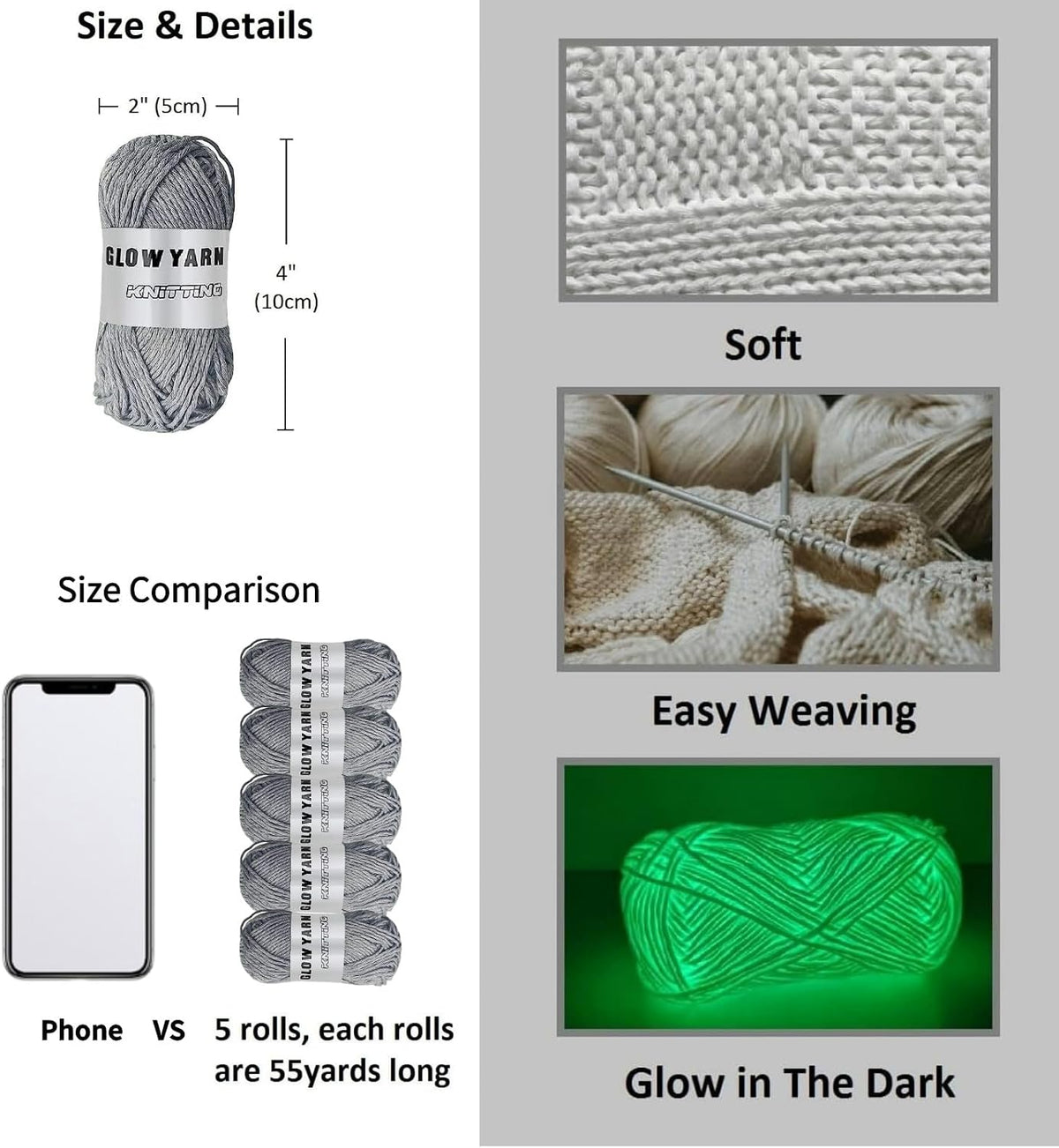 5 Rolls Glow in The Dark Yarn, 55 Yards Luminous Knitting Glowing
