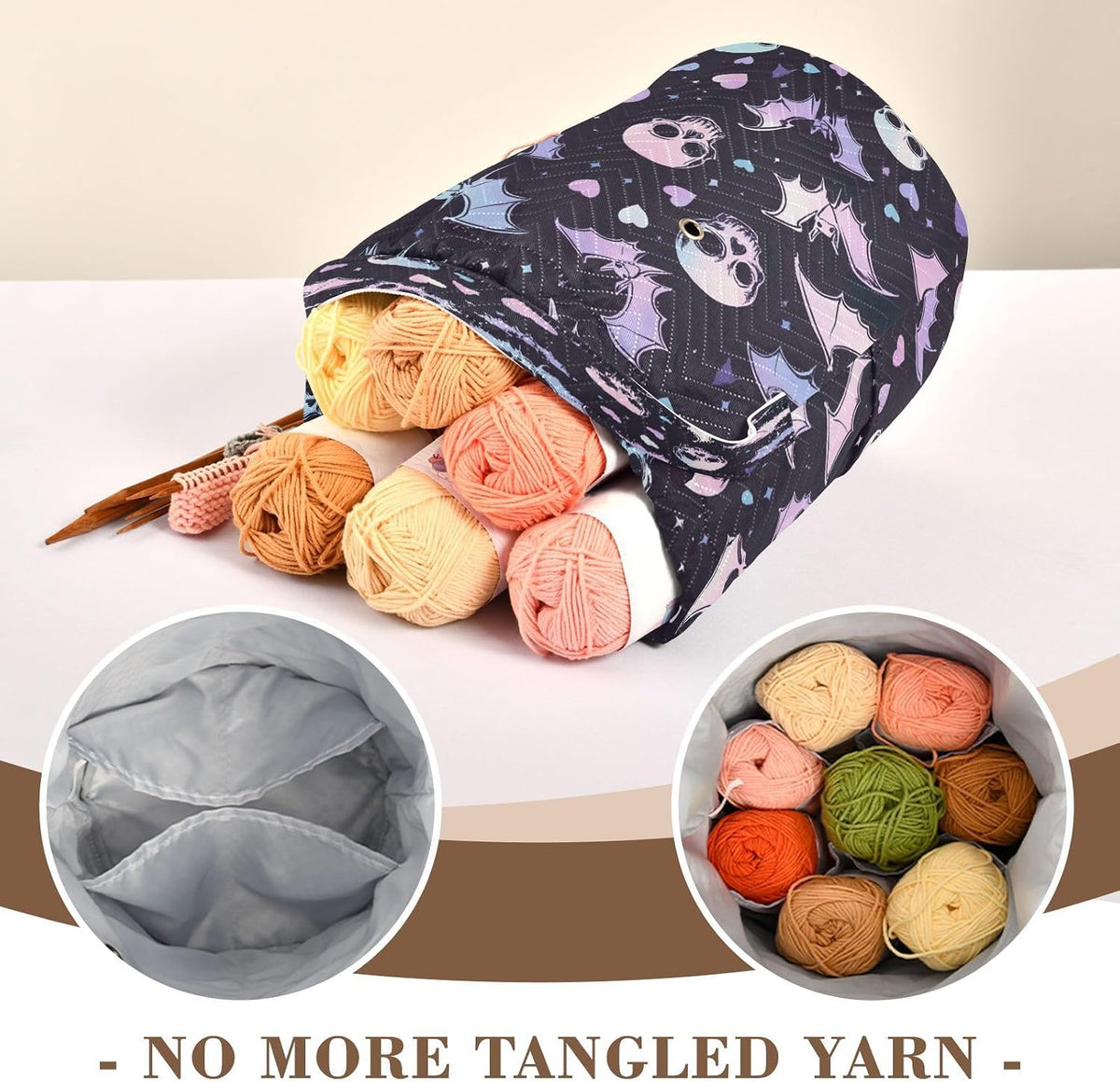 YETTASBIN Halloween Bat Skull Yarn Storage Bag, Large Crochet Knitting