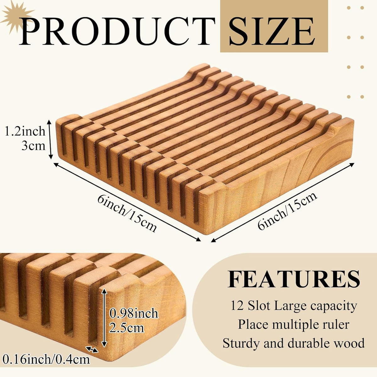 Pinkunn 1 Piece Wooden Quilting Ruler Holder Organizer 6 Inch 12 Slot