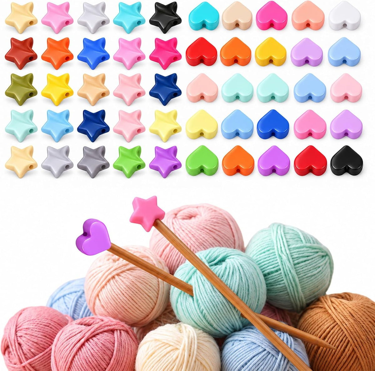 Xinjoduz 50 PCS Star Heart Knitting Needle Stoppers Fit 3mm-9mm
