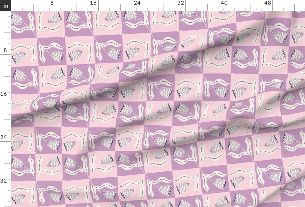 Spoonflower Fabric Modern Floral Check Pink on Essex Linen