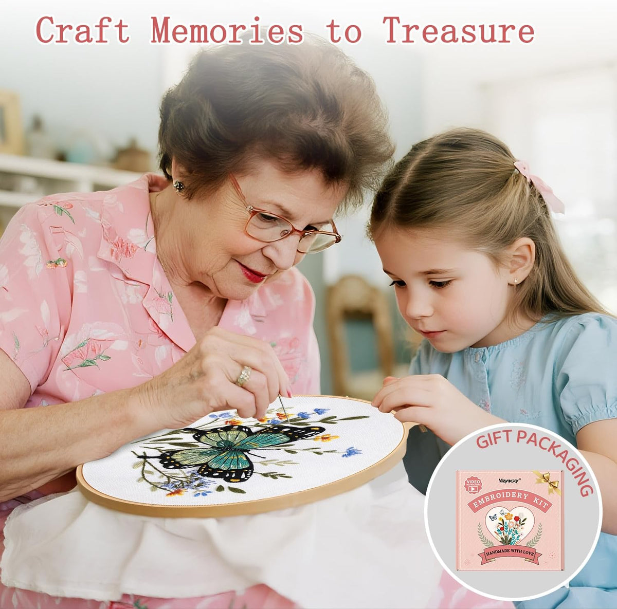 Meyocky Butterfly Flower Embroidery Kit for Beginners with Stitch