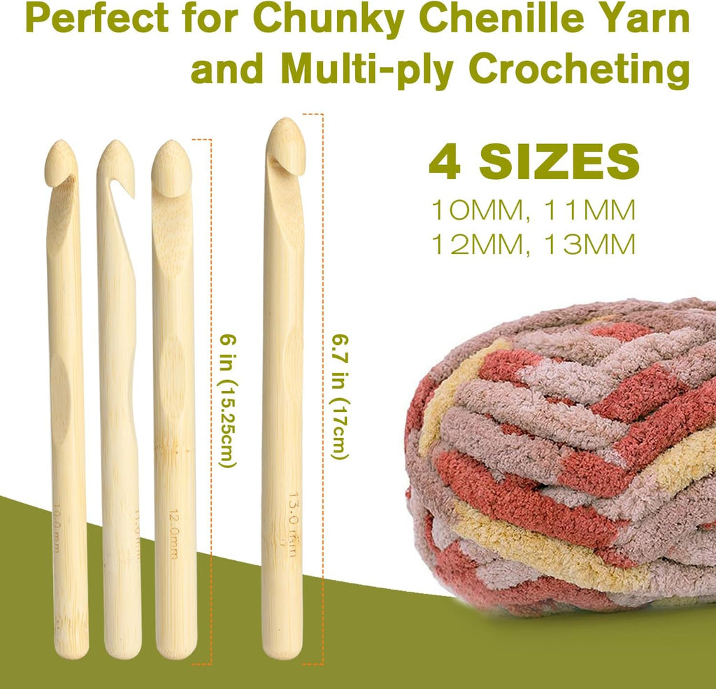 4Sizes Large Crochet Hooks 10mm,11mm,12mm,13mm, Bamboo Jumbo Crochet
