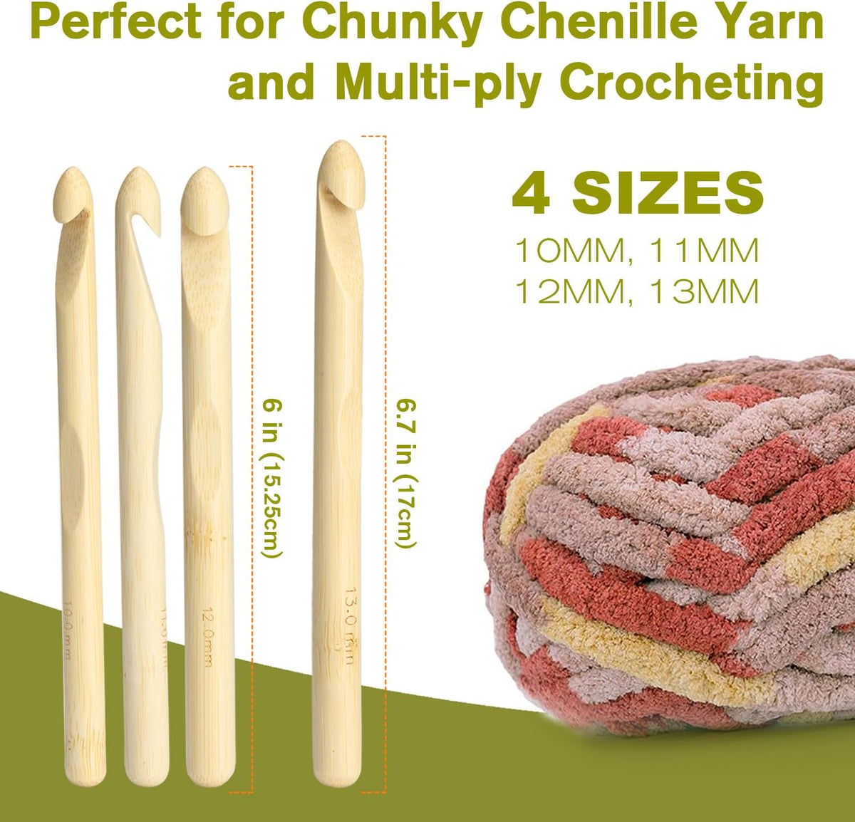 4Sizes Large Crochet Hooks 10mm,11mm,12mm,13mm, Bamboo Jumbo Crochet