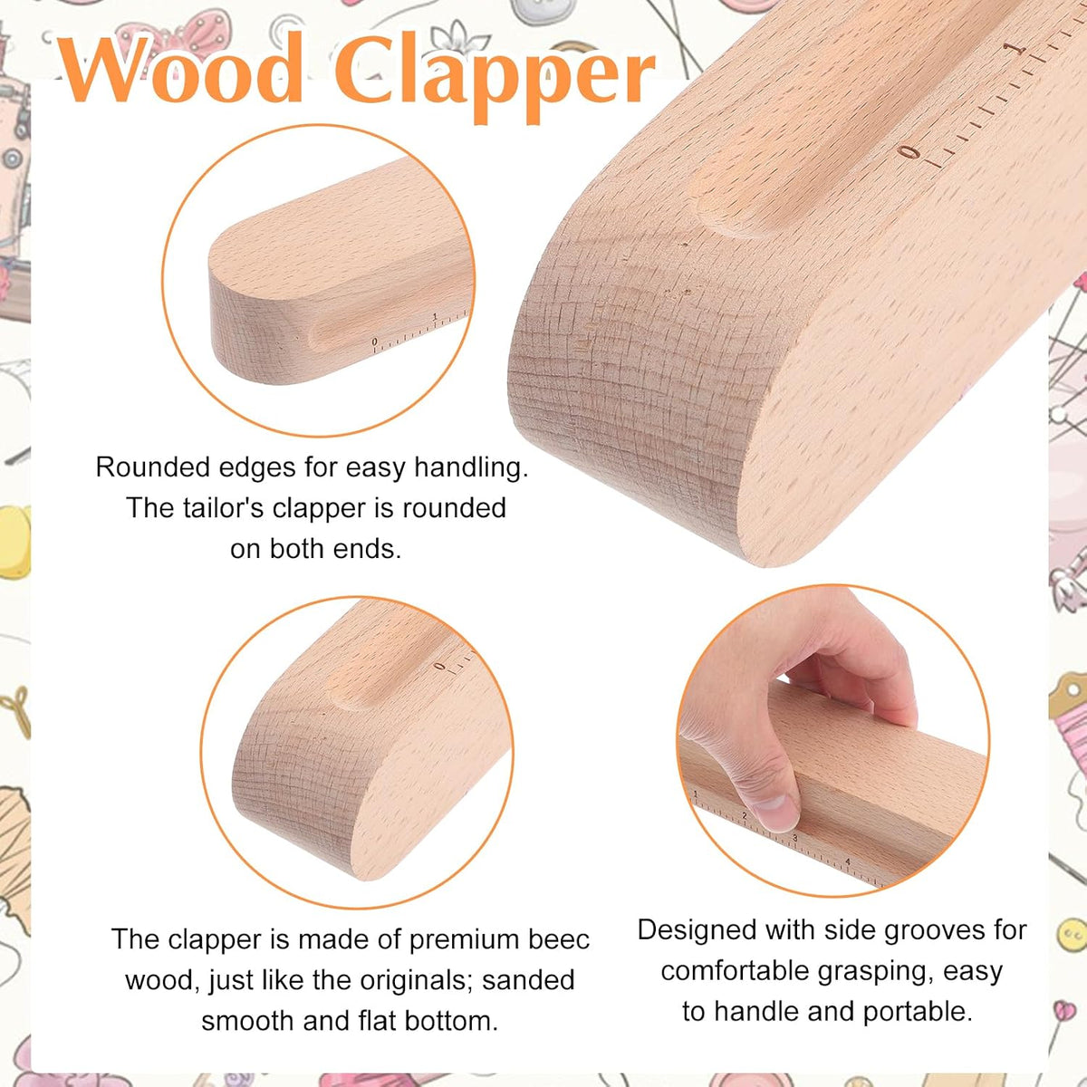 2 Pack Tailors Clapper, 12" and 7" Wooden Tailors Clapper for Quilting