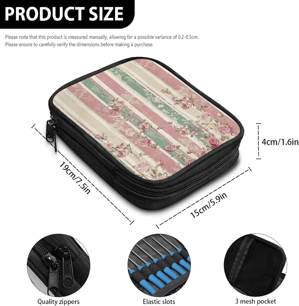 Vintage Stripe Floral Empty Crochet Hook Case Portable Travel Crochet
