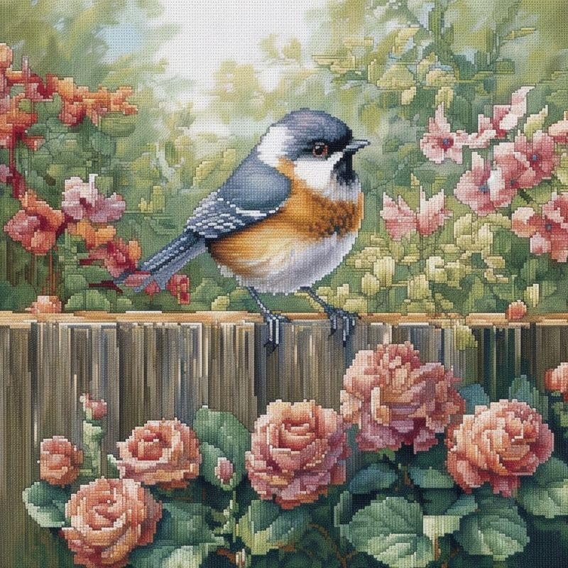 Floral Fence Bird 11ct Counted Cross Stitch Kits Color Printed Stamped
