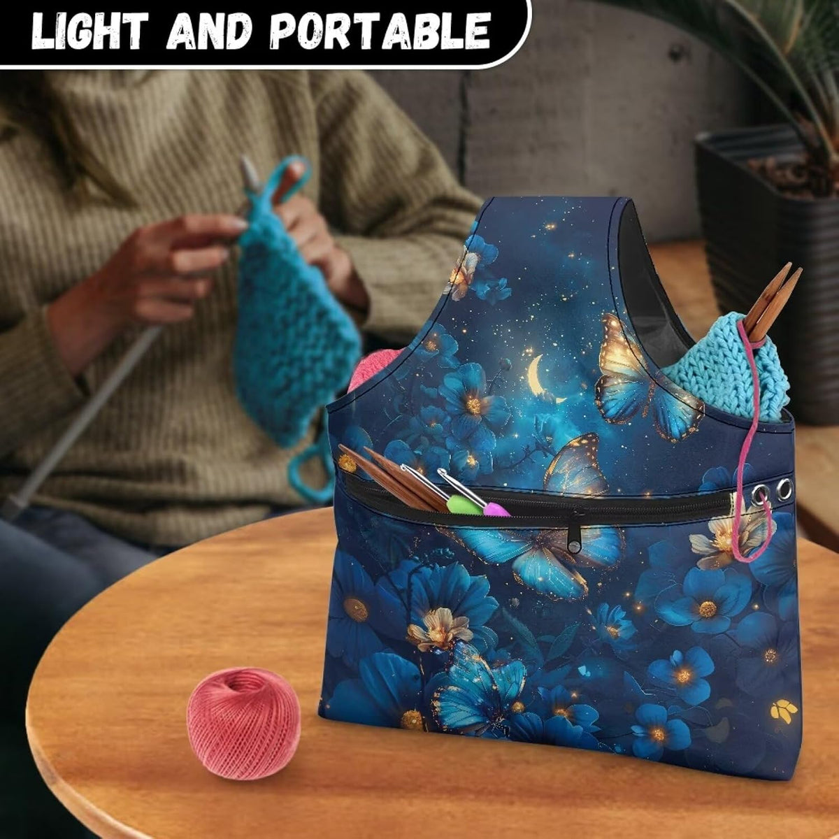 Snilety Blue Butterfly Embroidery Project Carrying Bag Portable