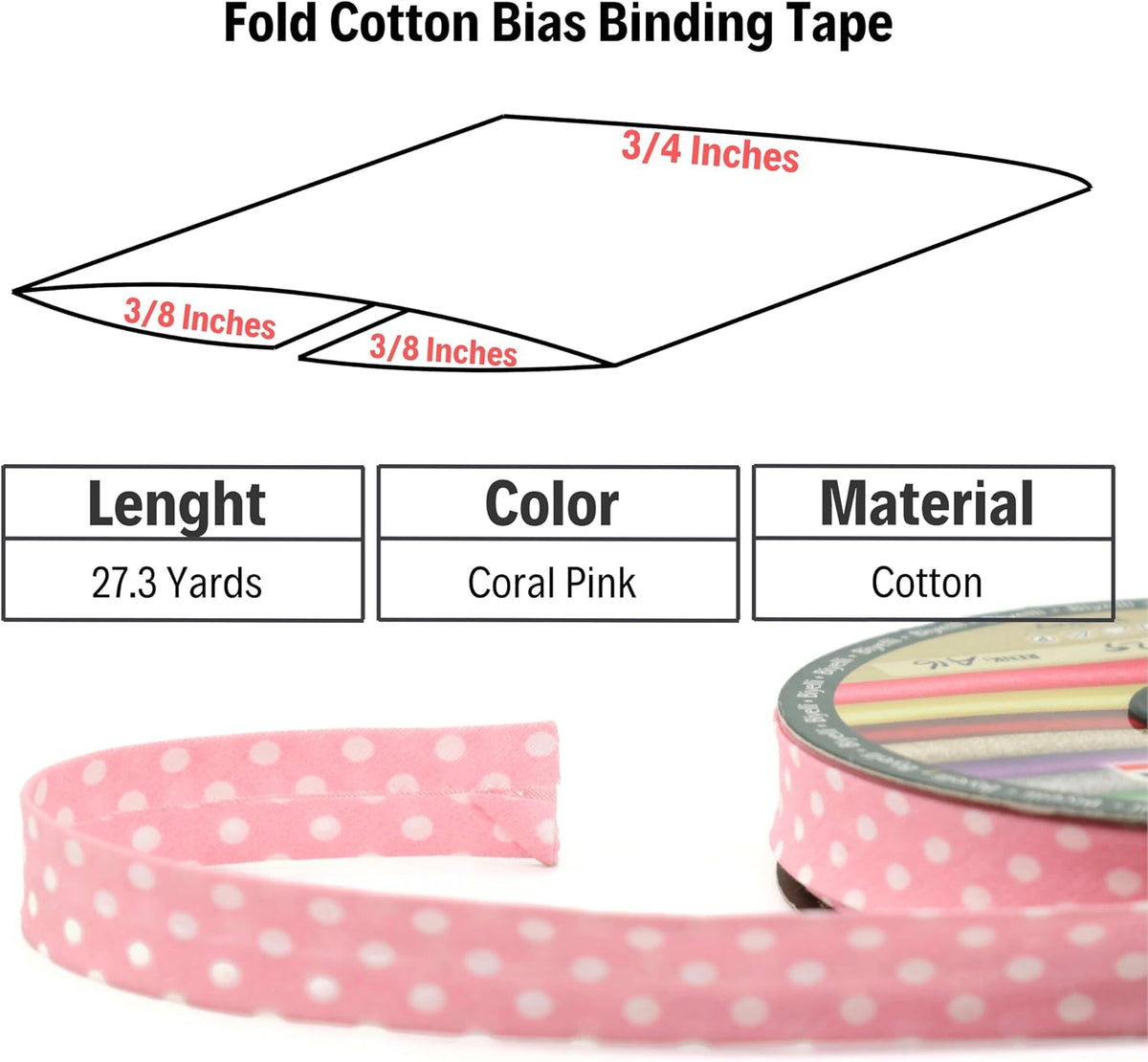 Cotton Fold Bias Binding Tape - 3/4 Inches (20mm) Wide - 27 Yards