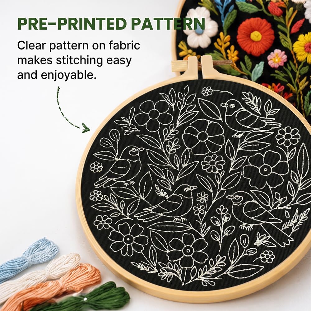 Bird Embroidery Kit for Beginners, Floral Hand Embroidery Starter Kit