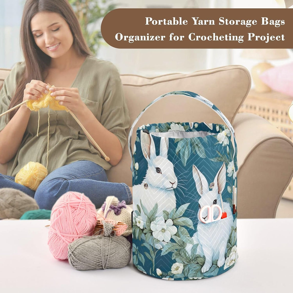 WELLDAY White Bunnies Crochet Bag Knitting Bag Yarn Storage Organizer