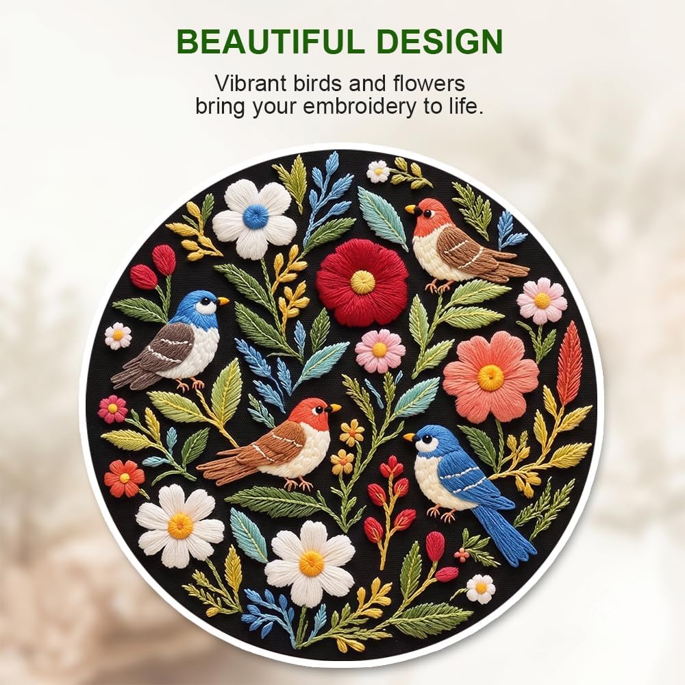 Bird Embroidery Kit for Beginners, Floral Hand Embroidery Starter Kit
