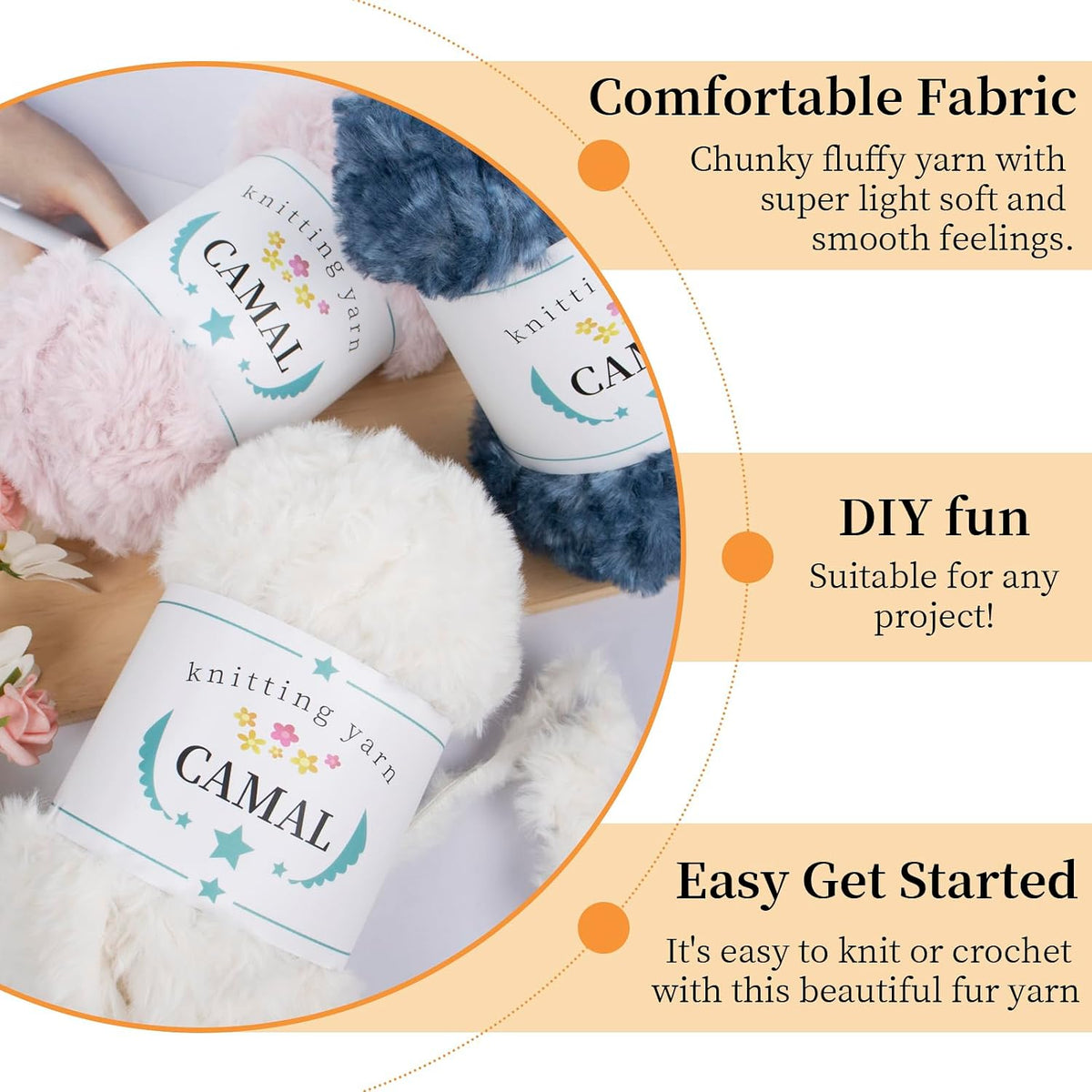 CAMAL Soft Faux Fur Yarn for Crocheting Blanket, 65 Yards Chunky