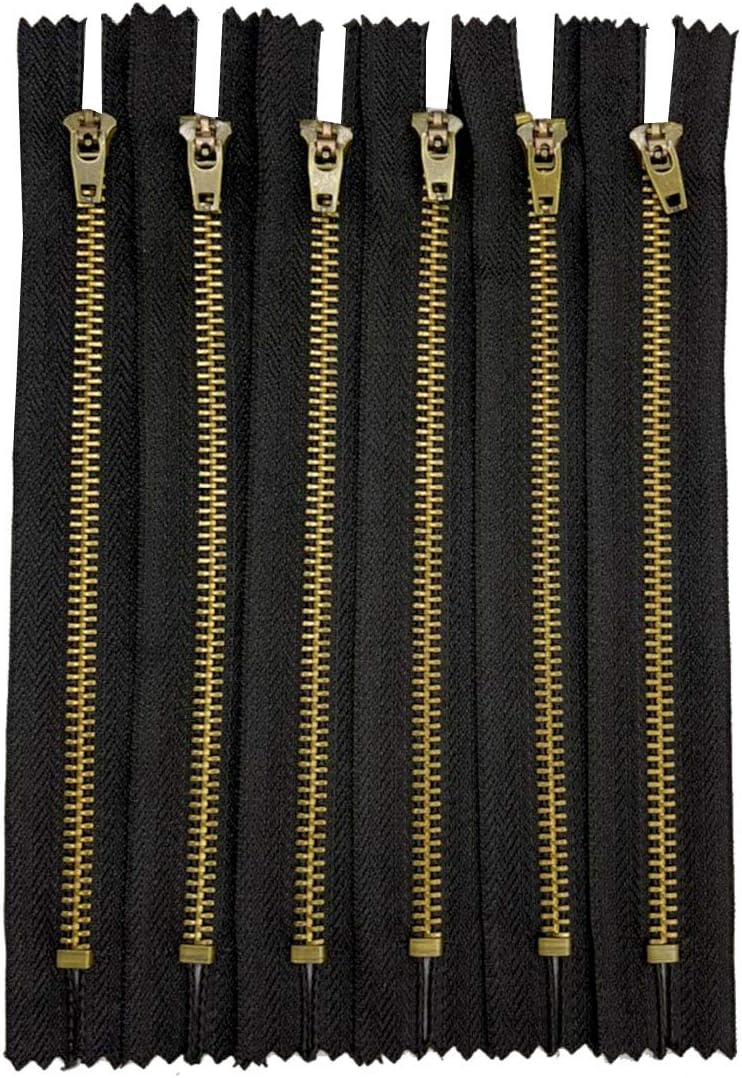 AMORNPHAN 6 pcs 7 Inch Metal Zippers Closed End #5 Black Tape Antique