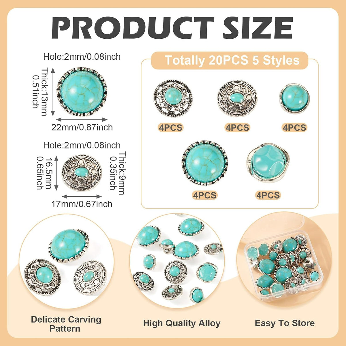 Beadthoven 20pcs Turquoise Alloy Buttons Antique Silver Metal Shank