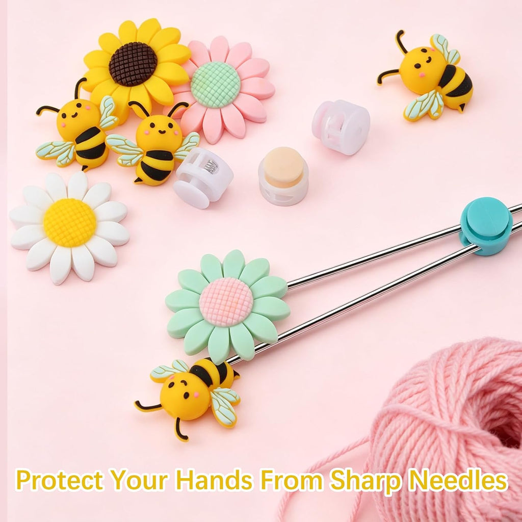 12 Pcs Silicone Knitting Needle Stoppers, Bee Daisy Flower Knitting