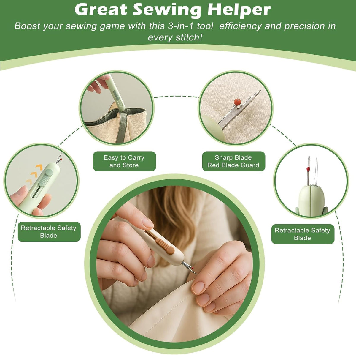 3 in 1 Automatic Needle Threader & Seam Ripper Tool with Storage, 3PCS