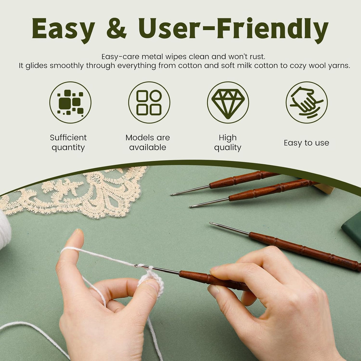 Wuadua 0.5/0.75mm Crochet Hook Ergonomic Crochet Hooks with Wooden