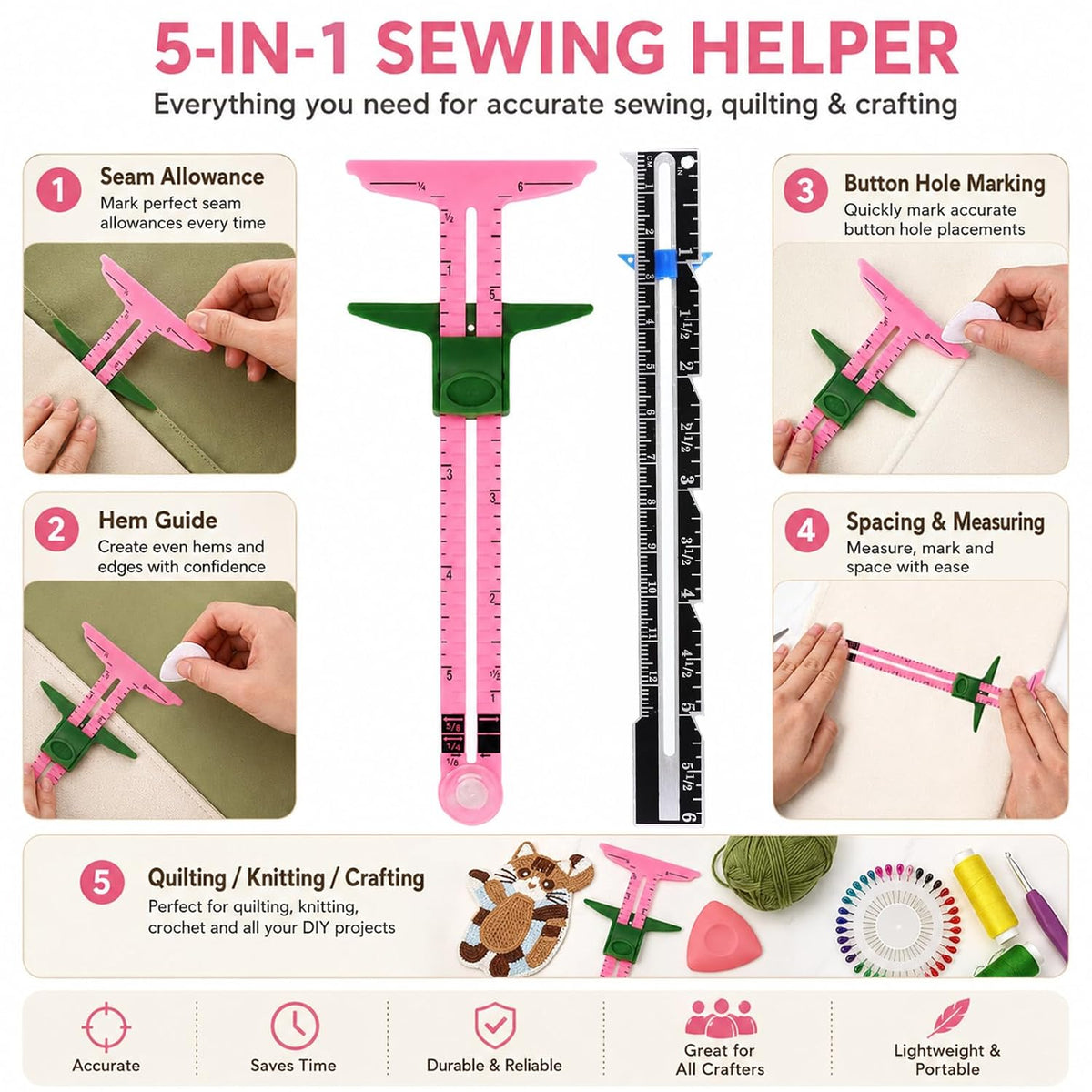 5 Piece Sewing Gauge Set, 5-in-1 Sliding Ruler & Seam Gauge, Pink