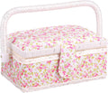 Vintage Floral Sewing Basket with Organizer Tray, Portable Sewing