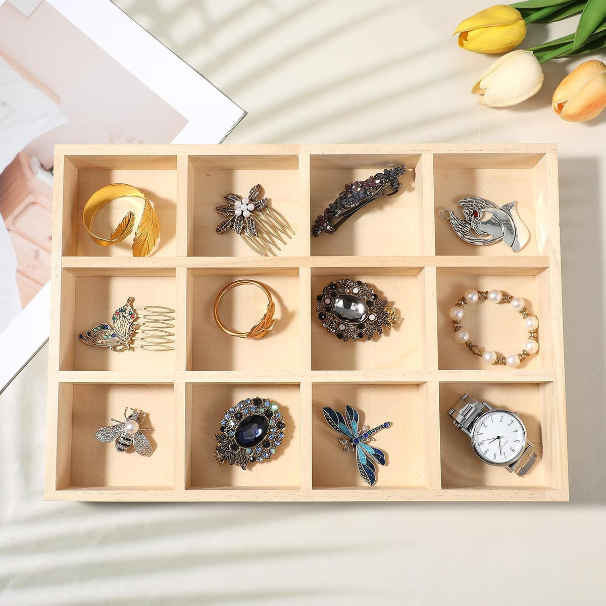 Kegeeei 2 Pack Wooden Sorting Tray Grid Display, Wood Divided