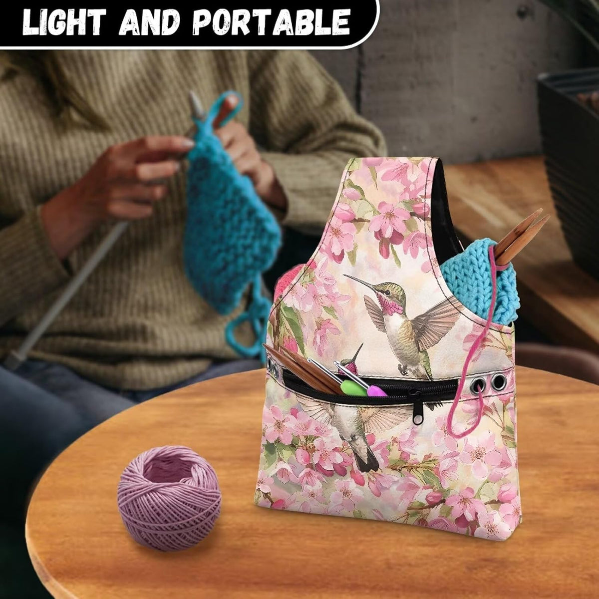 Snilety Pink Floral Embroidery Project Carrying Bag Hummingbird