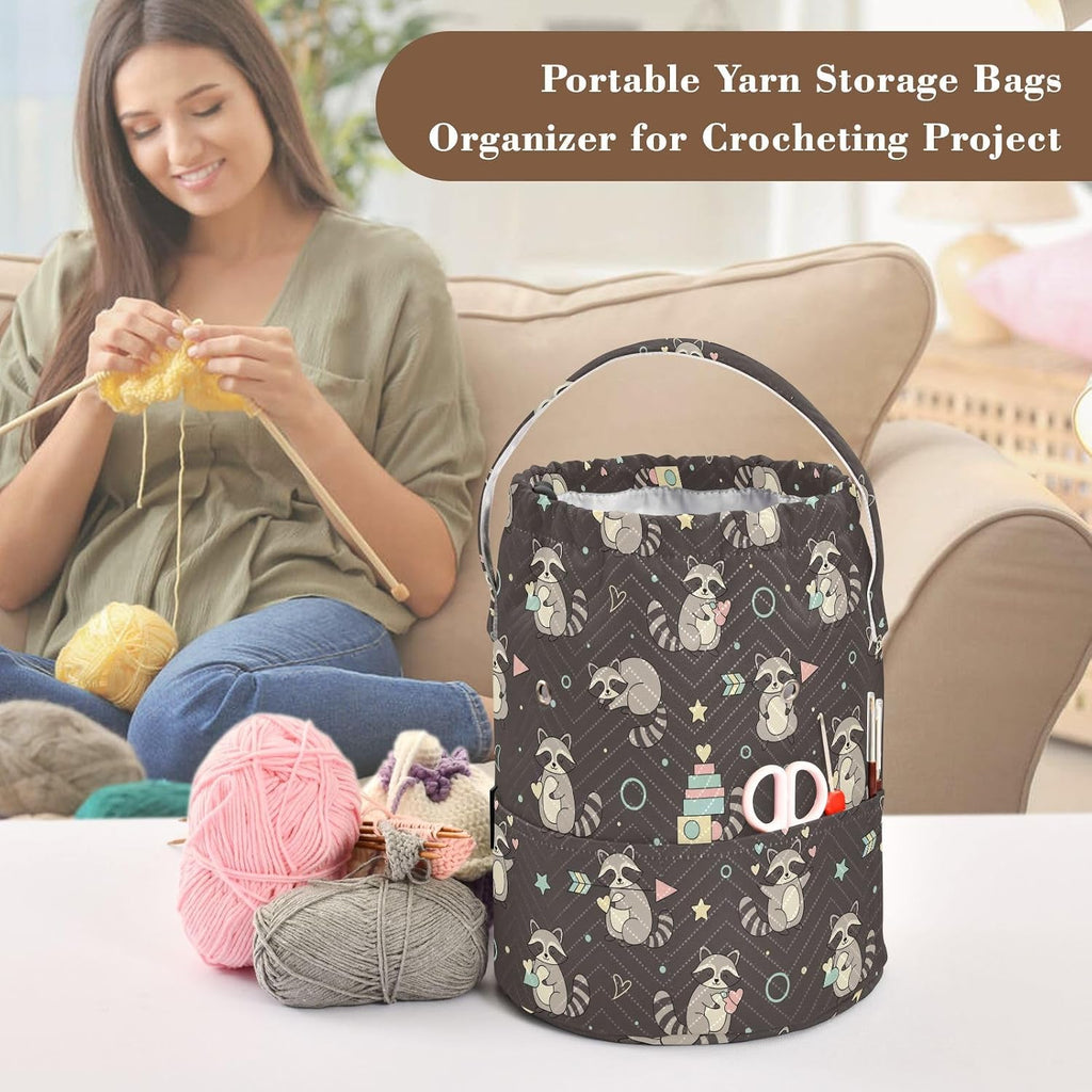 Cute Animals Raccoons Black Crochet Bag Organizer Yarn Storage Bag