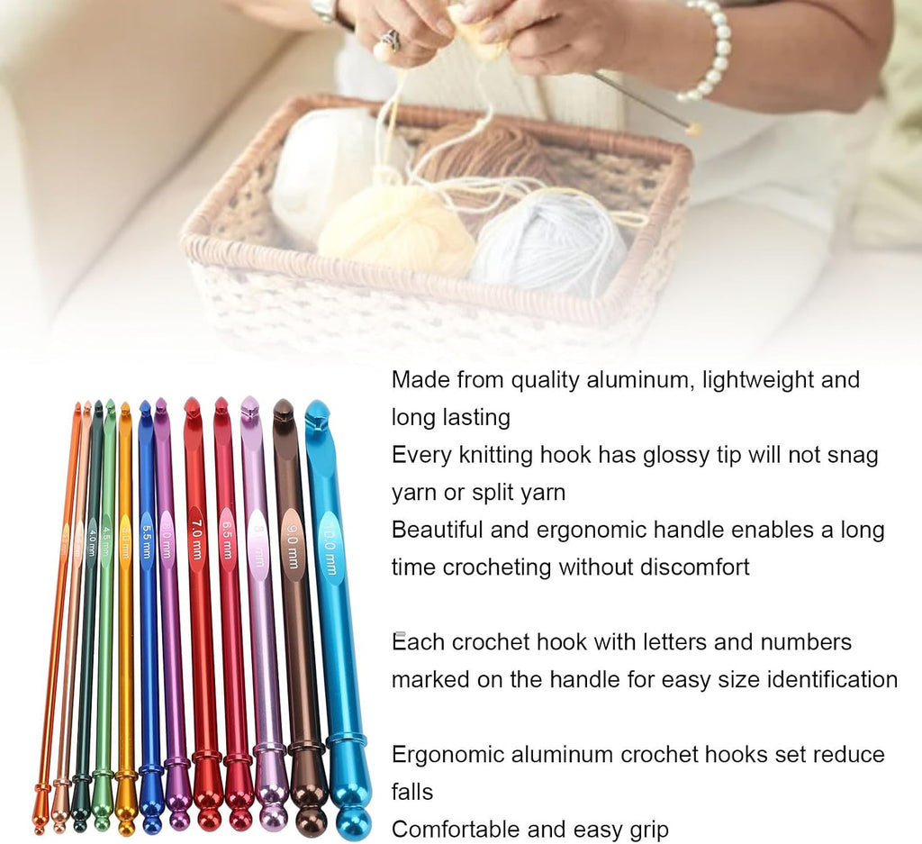 Crochet Hooks Set, 12PCS 3 to 10mm Ergonomic Aluminum Metal 15cm Long