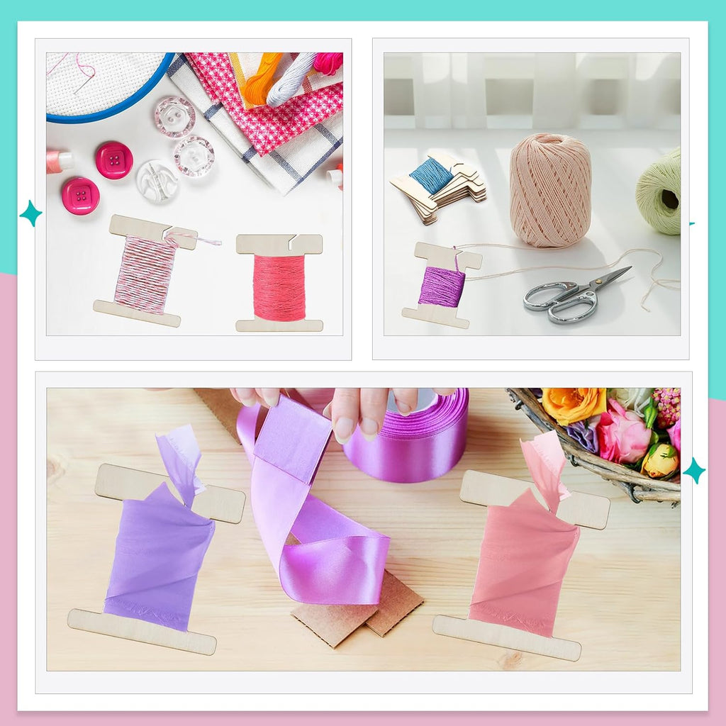 50 PCS Ribbon Storage Organizer, Empty Wooden Flat Spool Bobbin Sewing