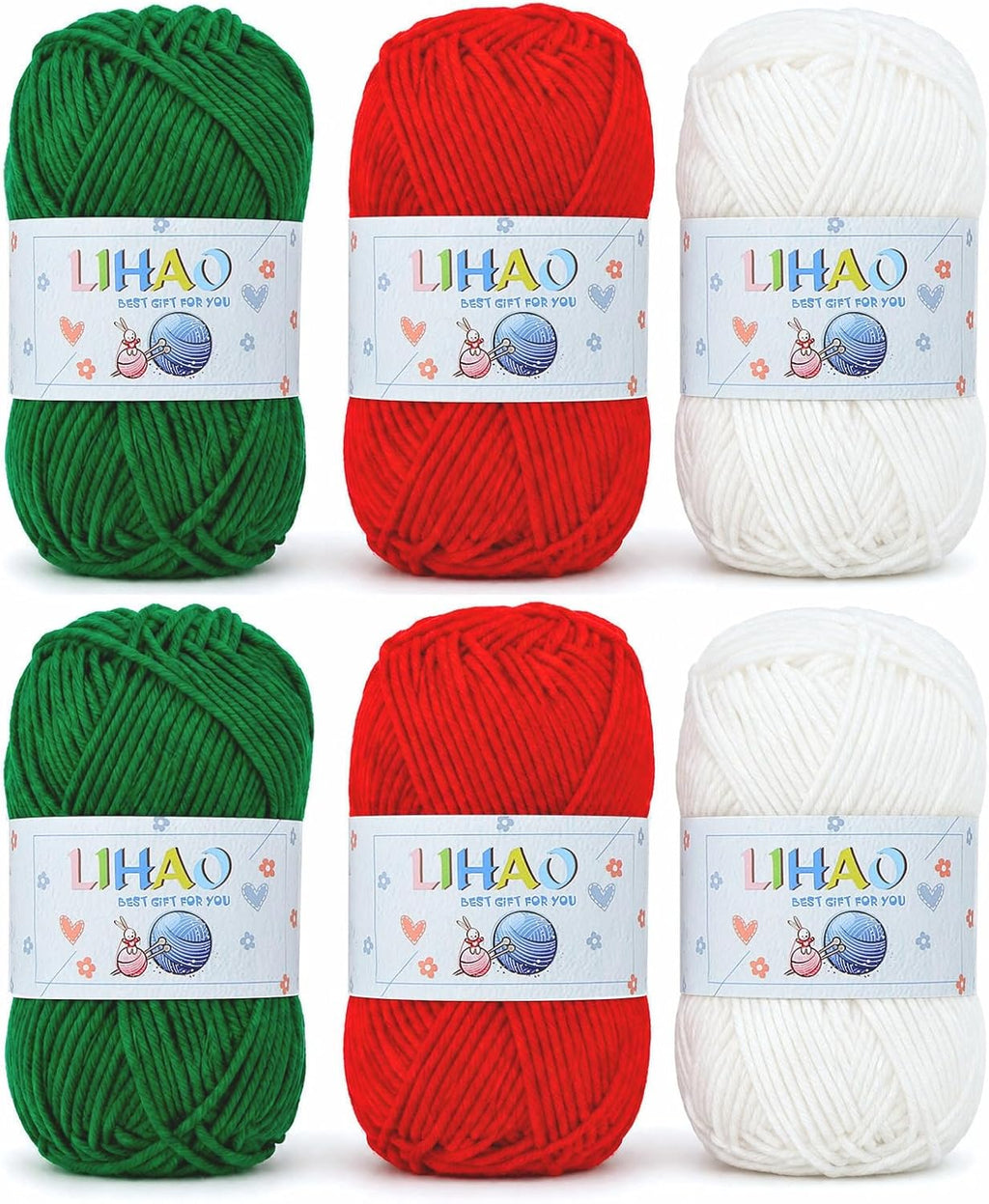 LIHAO Christmas Yarn for Crochet and Knitting, 6 Skeins, Red, Green