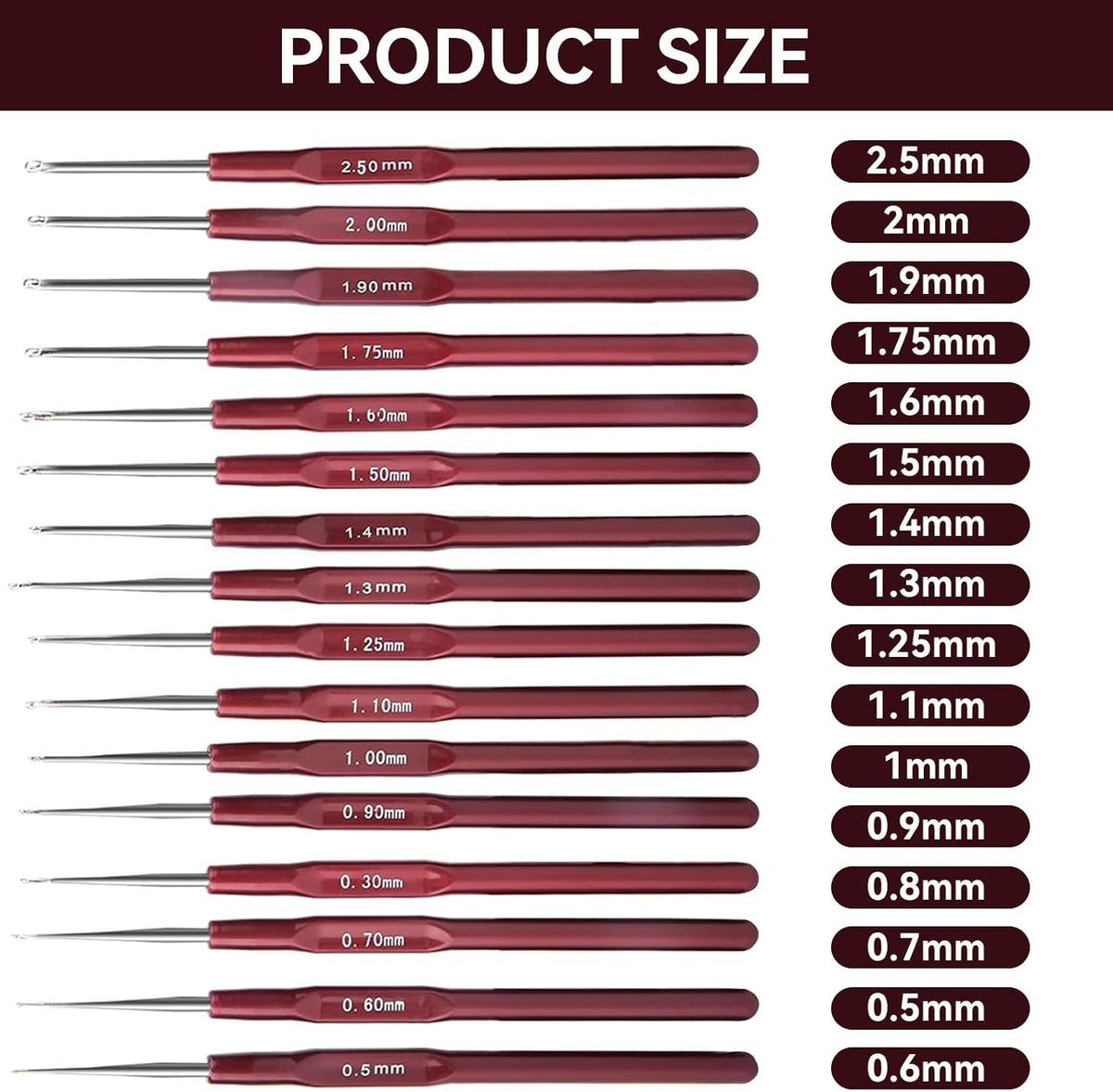 16PCS Crochet Hooks Set with Plastic Handle, 0.5mm - 2.5mm Ultra-Fine