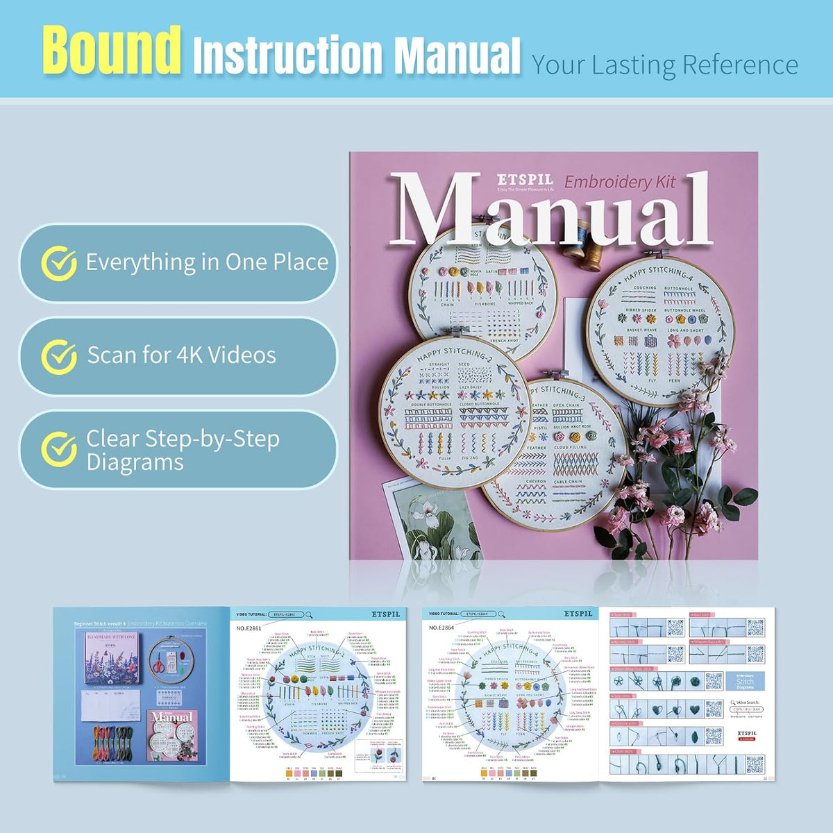 ETSPIL Beginner Embroidery Kit, 4K Video, 4 Floral Patterns, Gift Box