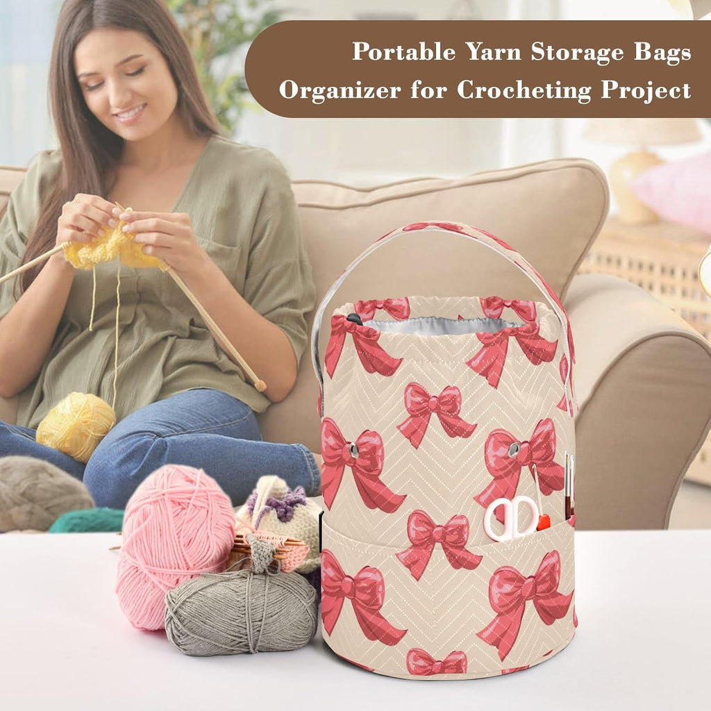 YETTASBIN Red Bow Yarn Storage Bag, Large Crochet Knitting Bag