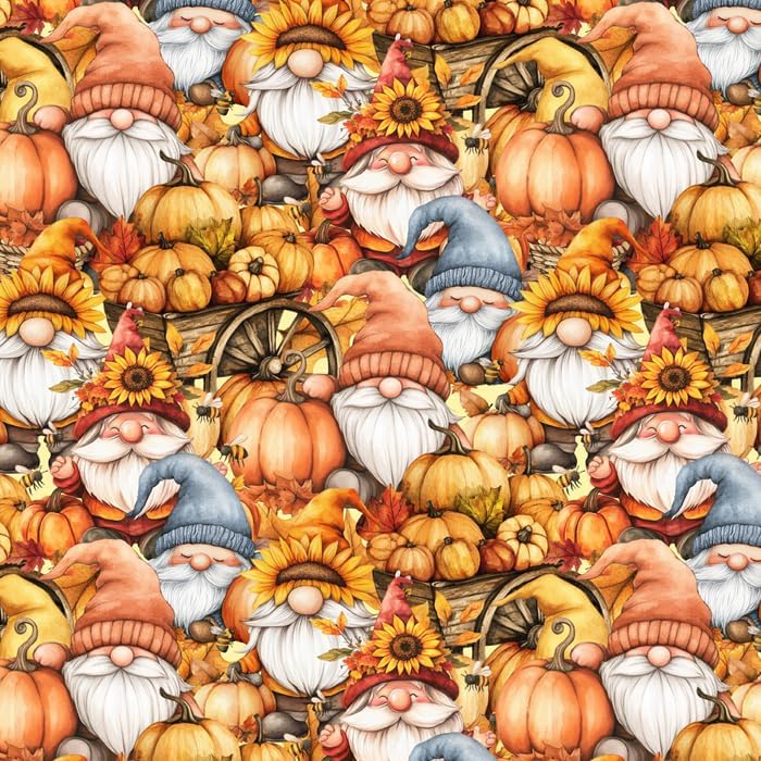Gnome Autumn Print 100% Cotton Fabric Material by the Yard