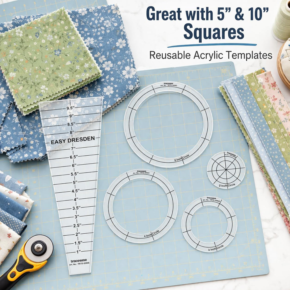 Traceease 5 Pcs Clear 4mm Acrylic Quilting Template Ruler Set, 10 Inch