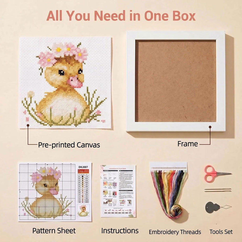Cute Duck Stamped Cross Stitch Kits for Beginners Adults with Framed