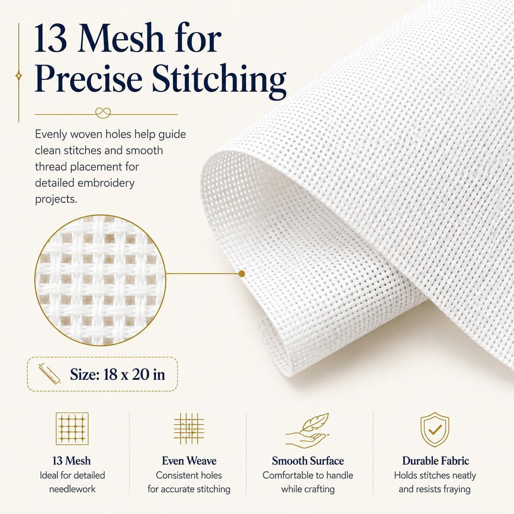 Needlepoint Canvas 13 Mesh, Cotton & Linen Blend, White, 18" x 20"