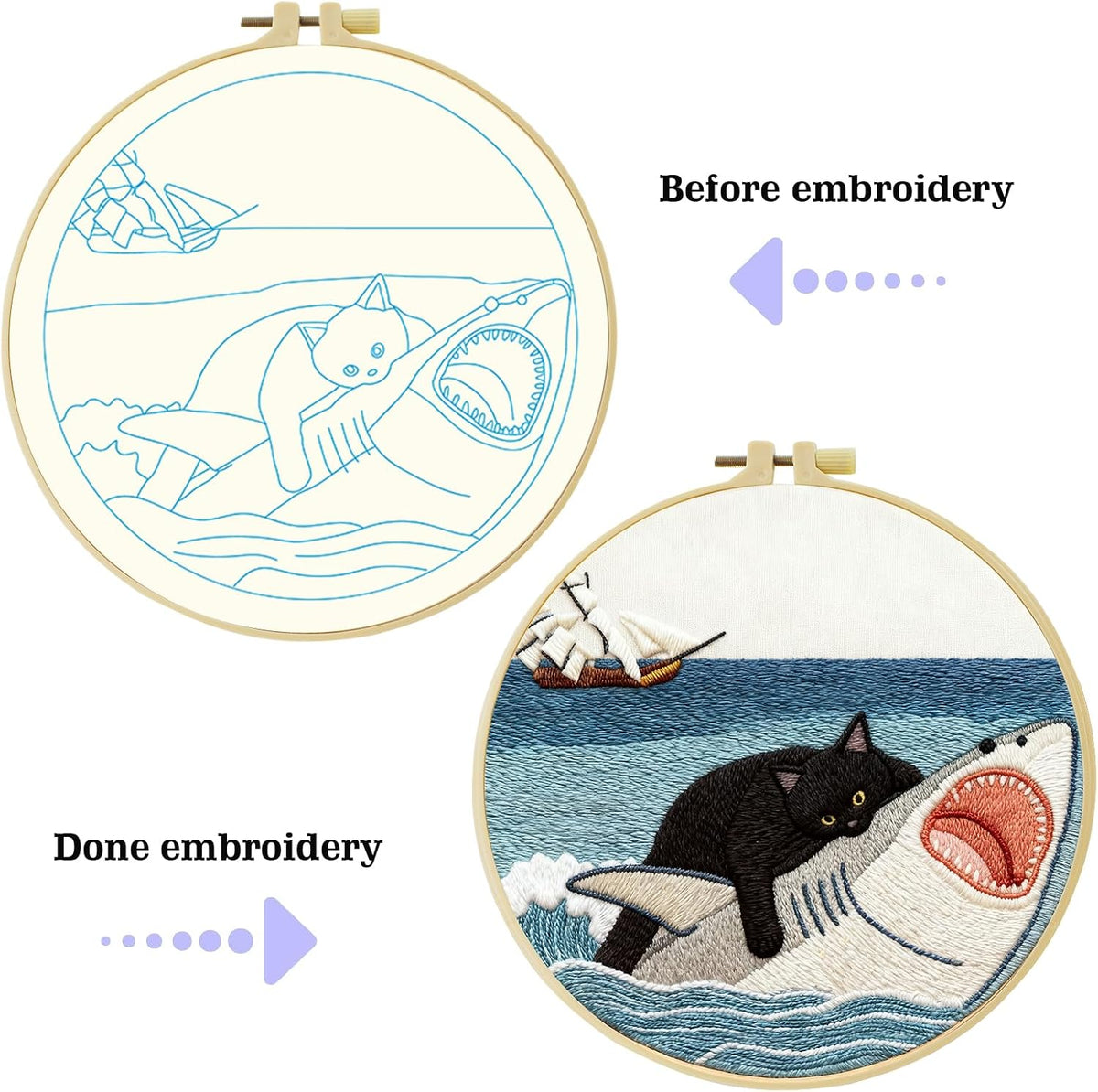 Black Cat Riding a Shark and a Sailboat Stamped Pattern Embroidery Kit
