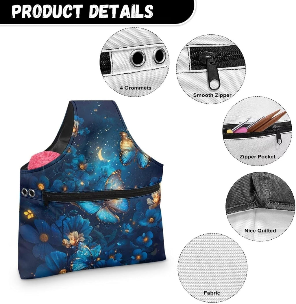 Snilety Blue Butterfly Embroidery Project Carrying Bag Portable