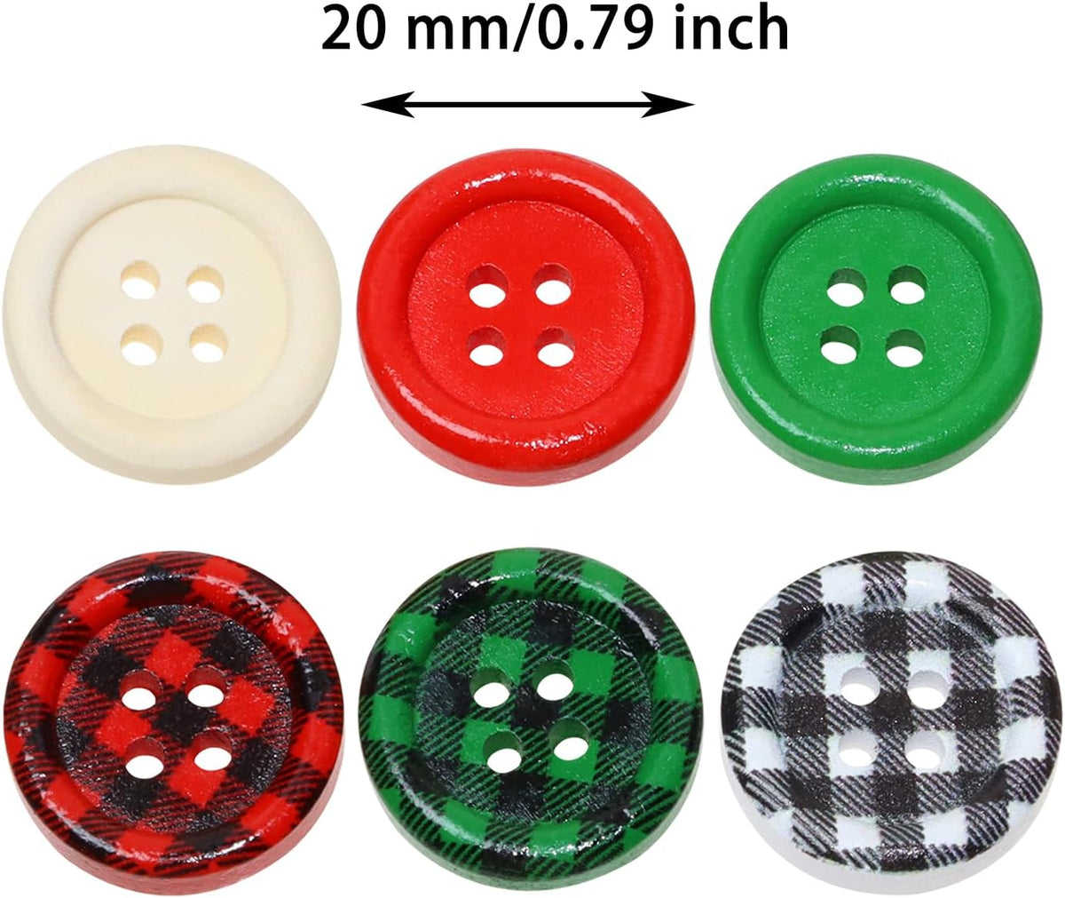 Christmas Wooden Buttons 60Pcs 4 Holes Buffalo Plaid Red Green White