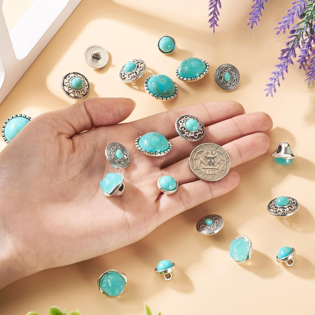 Beadthoven 20pcs Turquoise Alloy Buttons Antique Silver Metal Shank