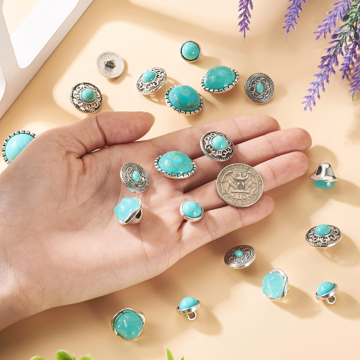 Beadthoven 20pcs Turquoise Alloy Buttons Antique Silver Metal Shank