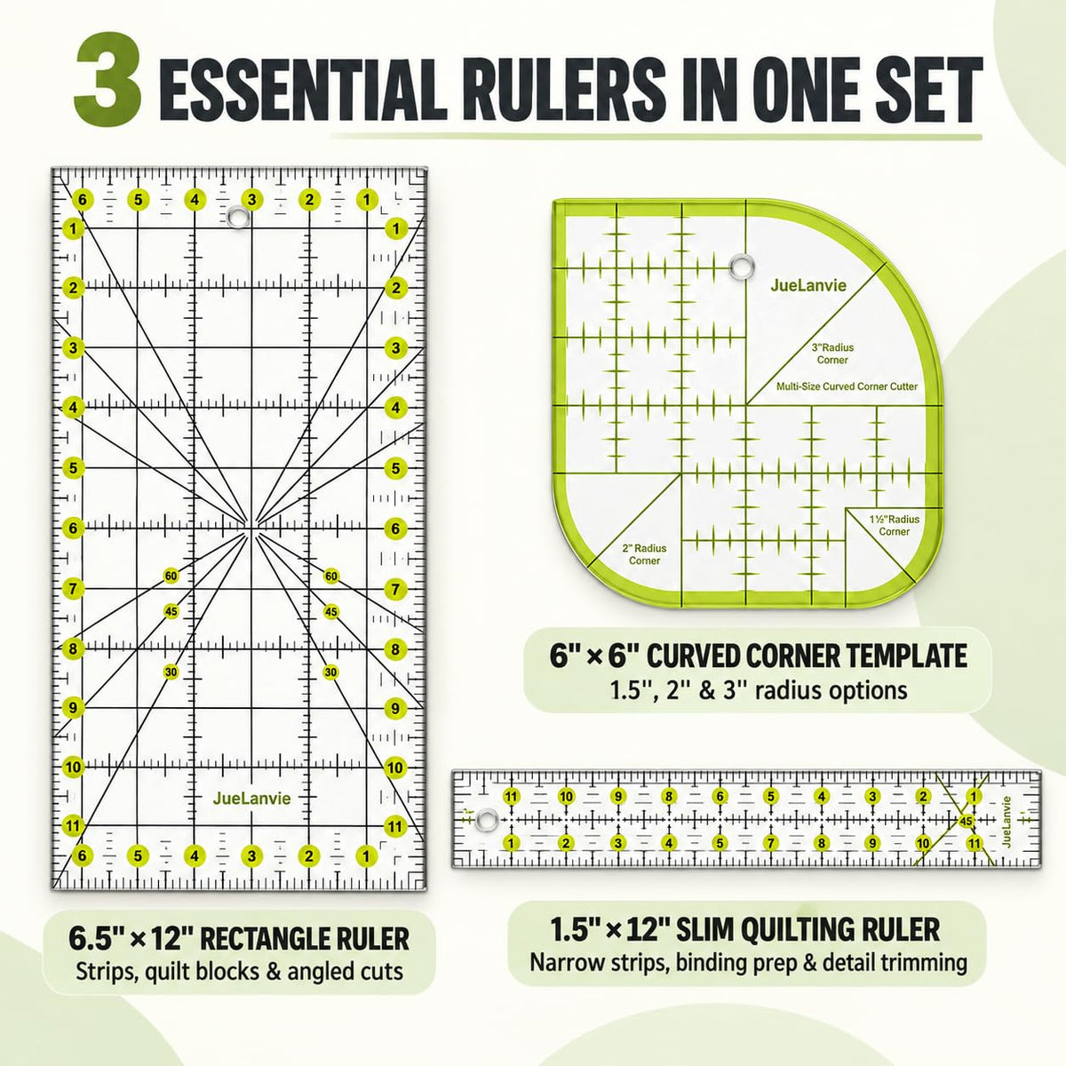 3-Piece Acrylic Quilting Ruler Set, 6.5" x 12" Rectangle Cutting