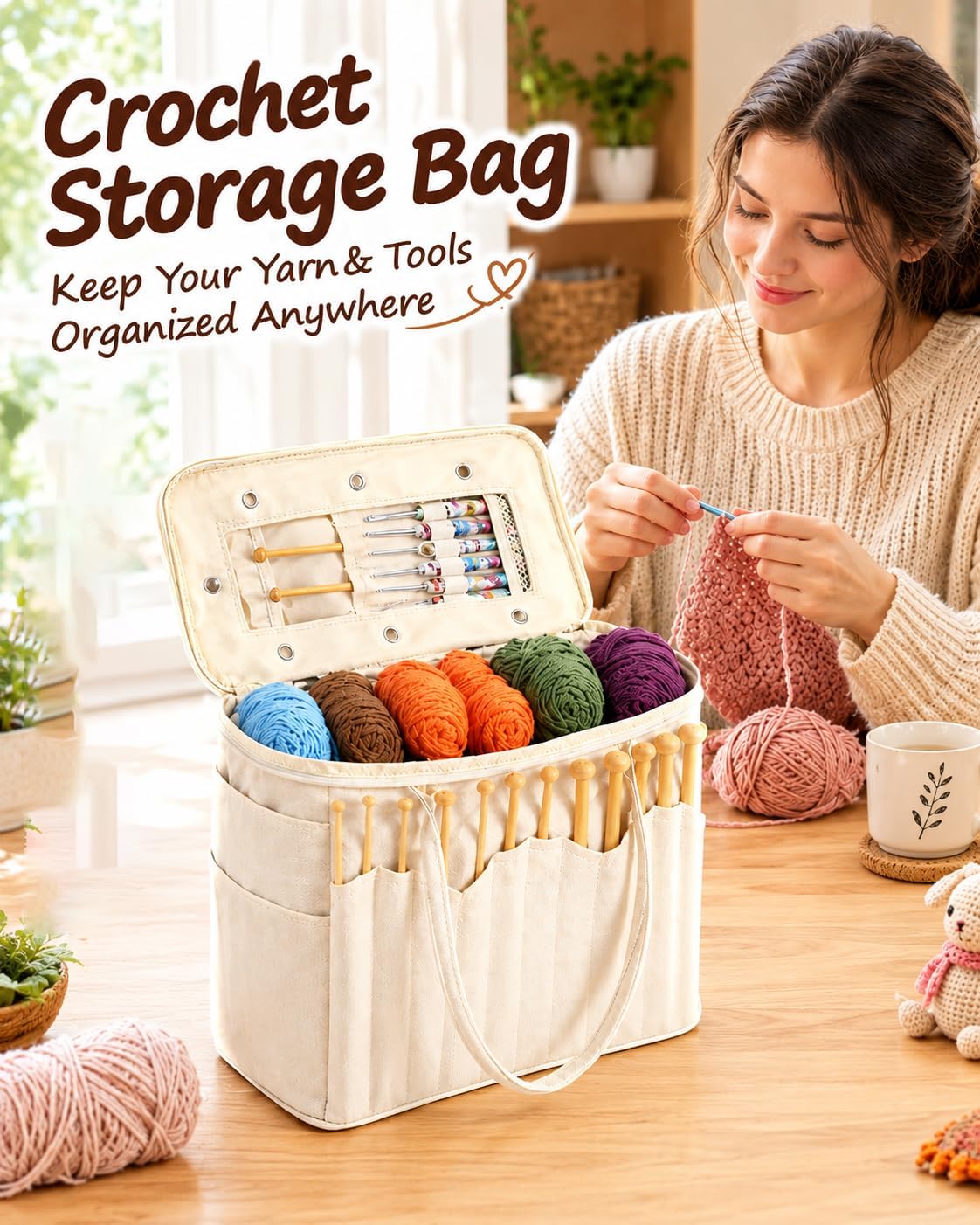 Crochet Bag Organizer for Yarn, Canvas Tote, White, Women Crocheters