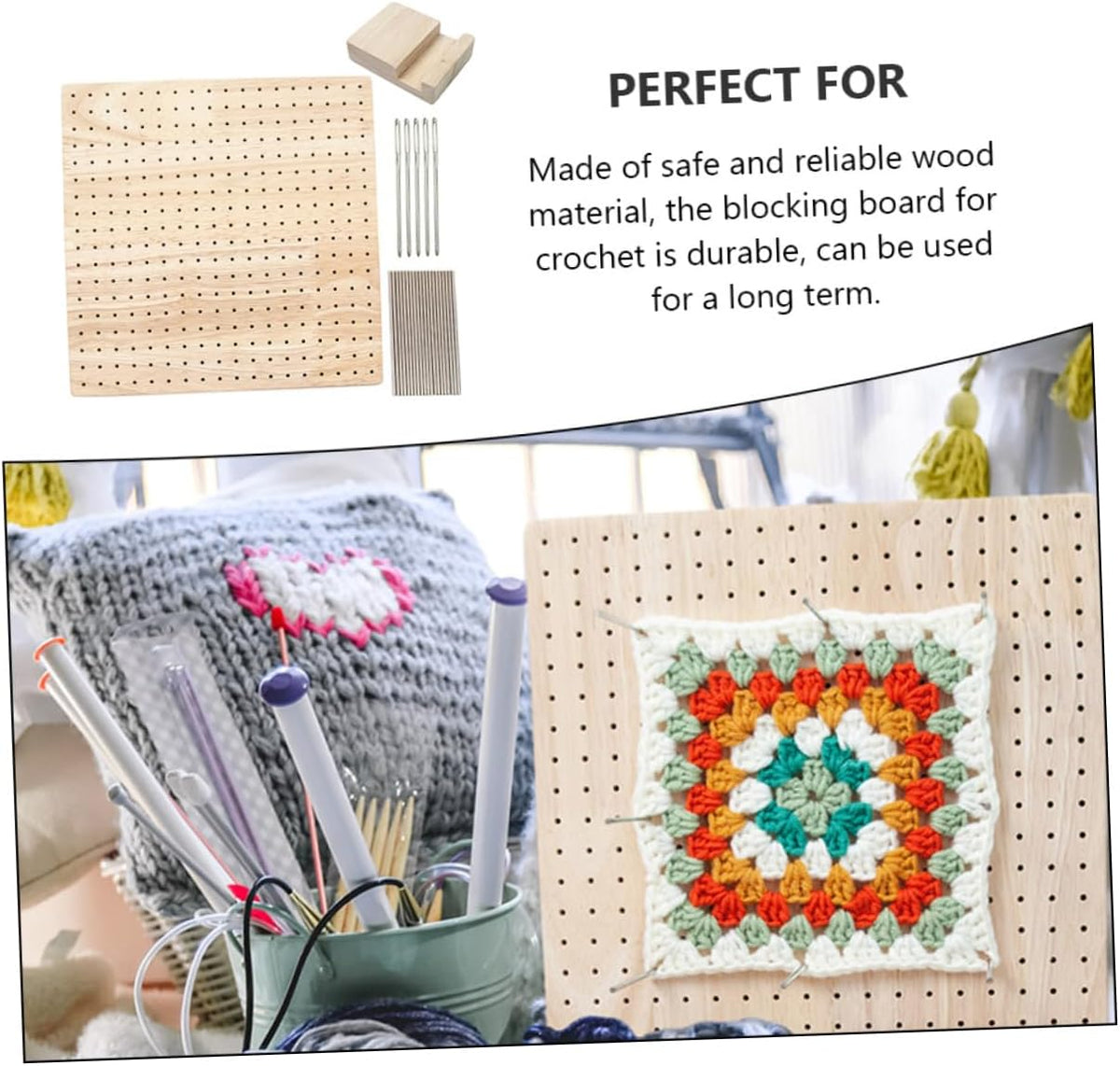Square Crochet Blocking Board for Craft Lovers, Wooden Khaki Set