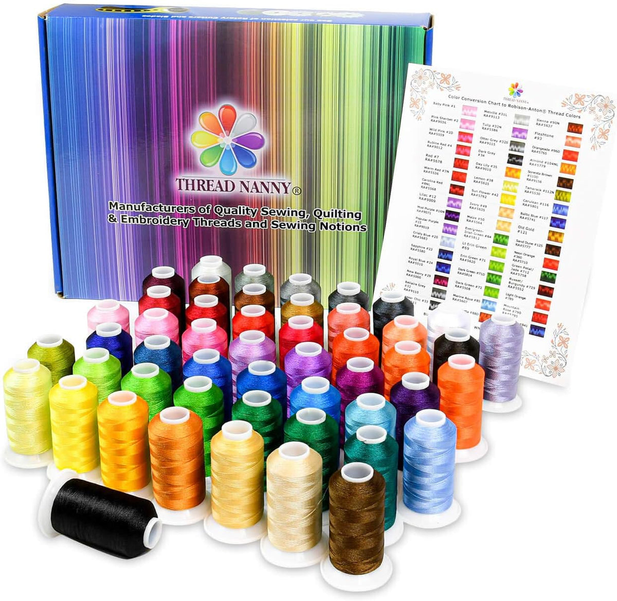 50-Color Polyester Machine Embroidery Thread Kit, 1,100-Yard Spools