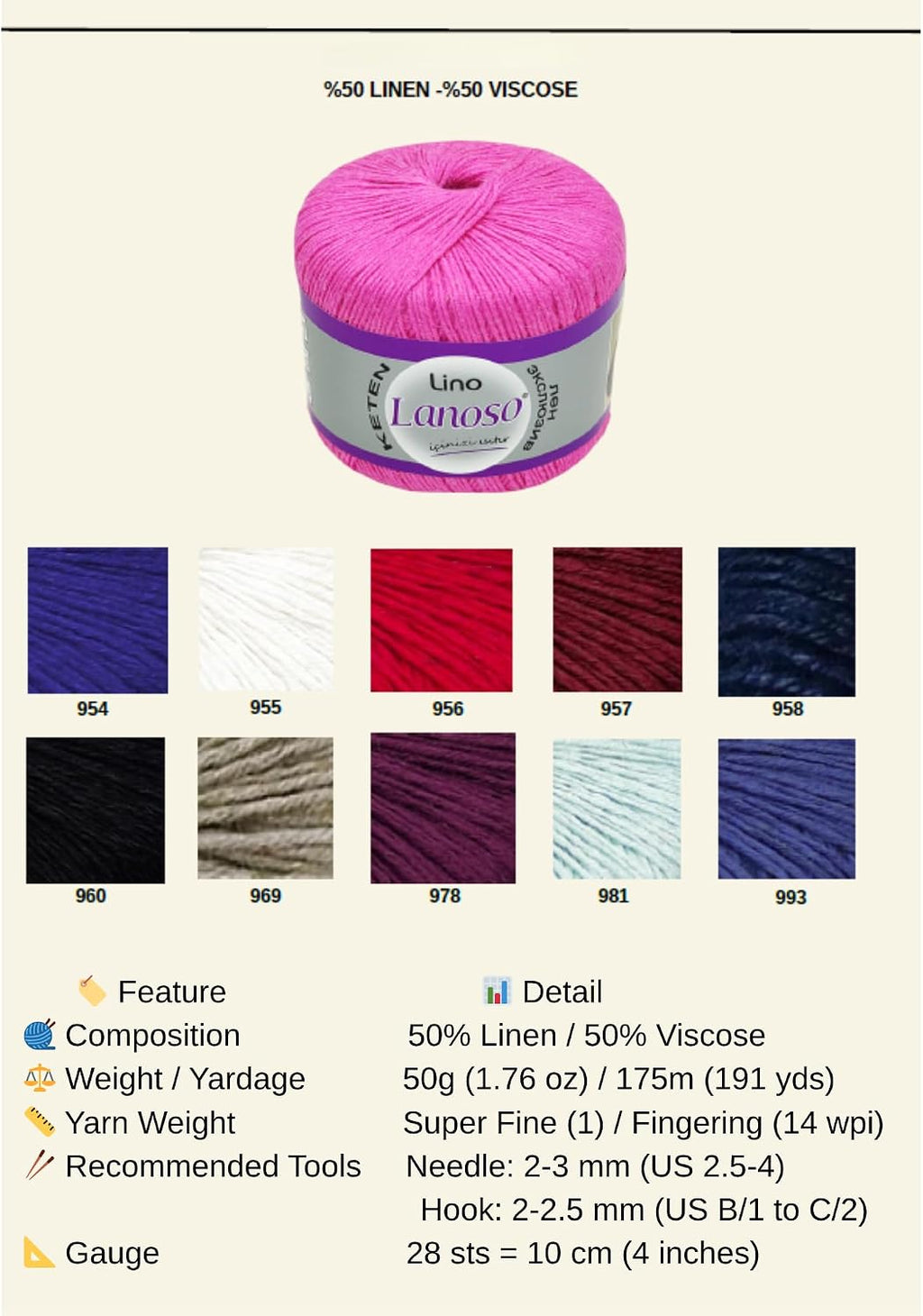 Lino Yarn - 50% Linen 50% Viscose Blend, 50g (1, 934)
