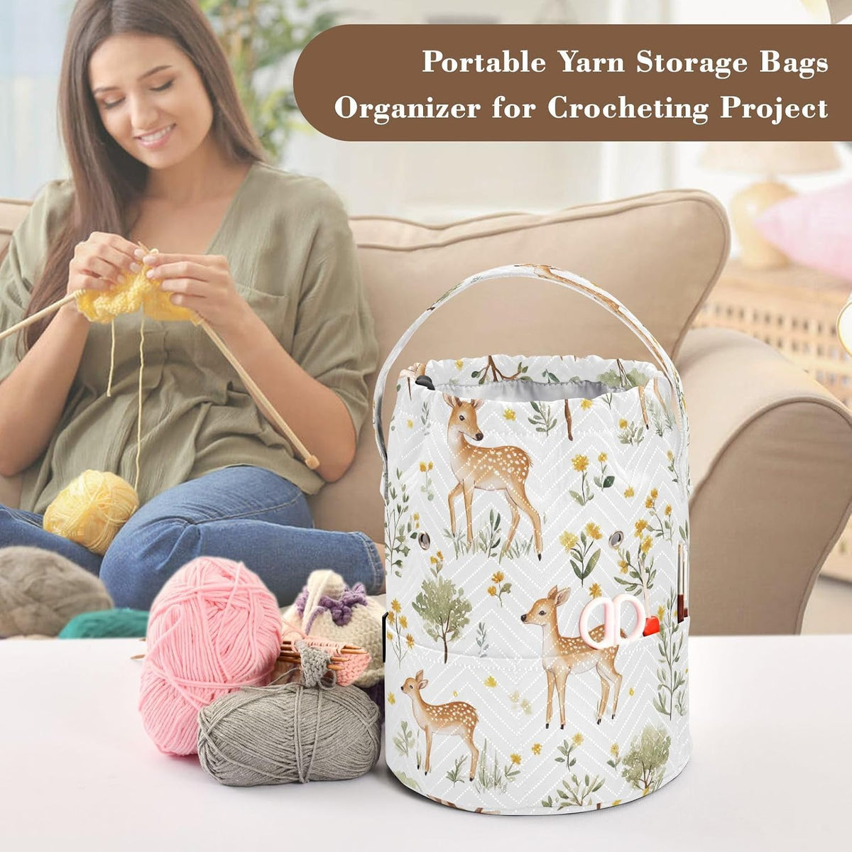 YETTASBIN Deer Yarn Storage Bag, Large Crochet Knitting Bag Organizer